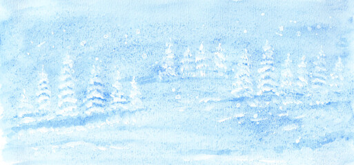 Watercolor painting of winter concept. Heavy snowfall, Natural Christmas tree background. Winter landscape with falling. Cover, poster, card, banner. Panorama. copy space. Hand painted texture style.