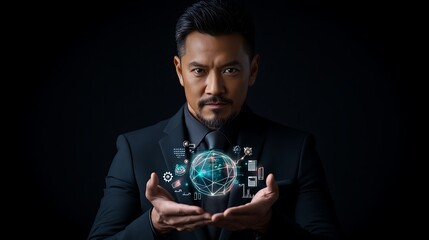 Businessman in a suit presenting a glowing digital globe with technology icons against a dark backdrop