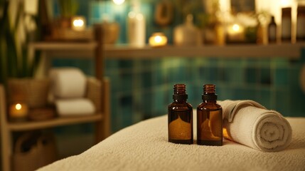 Spa oils massage table wellness center ambient lighting