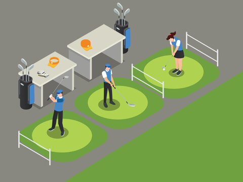 Golf Training Range with Players Practicing 3d isometric vector illustration