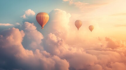 Obraz premium Sunset hot air balloons soaring above fluffy cloudscape