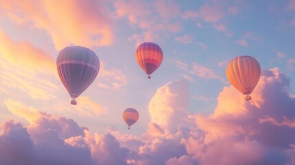 Fototapeta premium Colorful hot air balloons soar above sunset cloudscape (1)