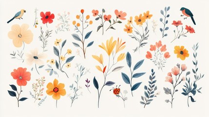 16121056 50 50.A vibrant collection of hand-drawn flowers, delicate leaves, small twigs, and whimsical birds and bugs, arranged in a flowing, artistic layout suitable for creating wedding