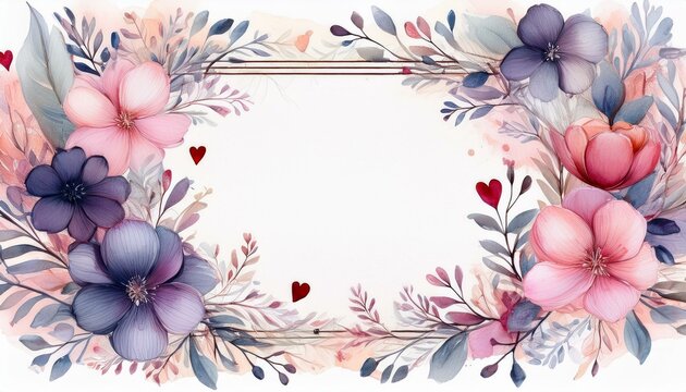 Artistic Romantic Watercolor Floral Frame with Subtle Heart Accents for Elegant Valentine’s Day Invitations, Greeting Cards, and Digital Scrapbooking