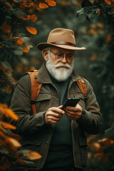 Fototapeta premium Senior man with a backpack checking his phone while on a nature walk