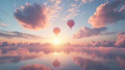 Fototapeta premium Two hot air balloons soar above a serene sunset sea, reflecting clouds