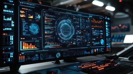Futuristic control room; data analysis on large monitor;  background blurred; tech stock photo
