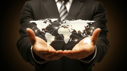 Businessman holding global network, dark background, connection concept