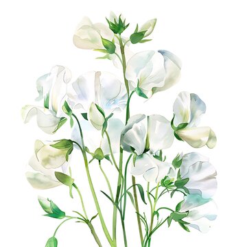 white sweet pea flowers watercolor painting clip art preview