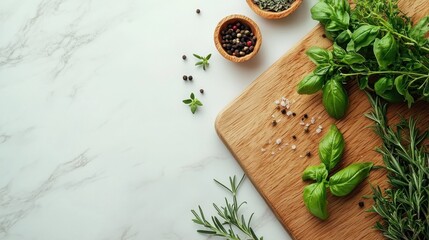Fresh vegetables and herbs on wooden table, preparing healthy homemade meal A vibrant collection of organic produce, including basil, rosemary, and thyme, ready for cooking Discover delicious and
