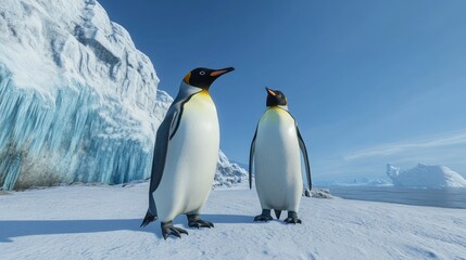 Fototapeta premium Two King Penguins Stand on Antarctic Ice