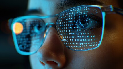 Futuristic Biometric Scanner Overlay Binary Code Face Recognition Technology, Advanced Facial Recognition System with Digital Overlay of Binary Numbers on a Person's Face, Illustrating Modern