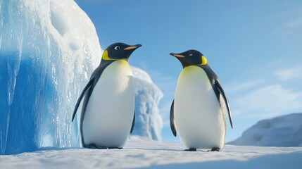 Two Emperor Penguins Stand Near An Iceberg