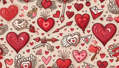 Fototapeta premium Cute Minimalist Valentine’s Day Icons Pack Featuring Hearts, Cupid Arrows, Love Letters, and Roses for Digital Stickers and Social Media Designs