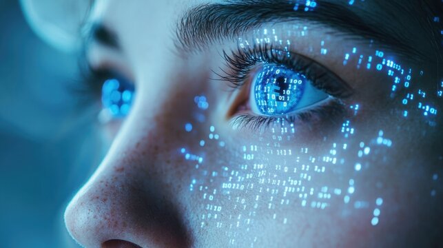 Futuristic Biometric Scanner Overlay A Person's Face with Binary Numbers, High-Tech Security, Digital Identity Verification, Advanced Facial Recognition, Next-Generation Authentication