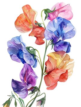 watercolor sweet pea flowers vibrant colors clip art preview