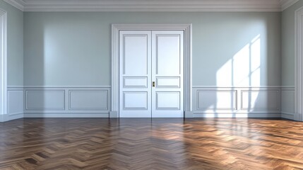 Obraz premium Bright, empty room with wooden flooring and elegant double doors.