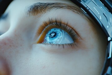 Futuristic Vision An Eye with a Virtual Reality Headset Overlay, Symbolizing the Immersive Power of Digital Worlds and Metaverse Experiences Explore the cutting-edge intersection of augmented