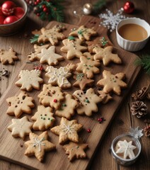 Freshly baked Christmas cookies on a wooden table, dessert table, holiday baking