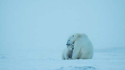Arctic polar bear mother cuddling cub in snowy blizzard