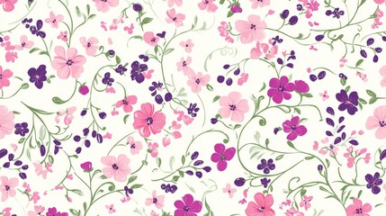 16121056 81 81.A charming seamless floral design with small, dainty flowers and swirling vines, all in vibrant hues of pink, purple, and green, perfect for creating an elegant yet playful look on