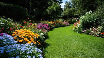 Obraz premium Vibrant garden full of colorful flowers and lush green grass on a sunny day.