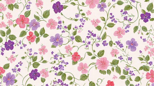 16121056 81 81.A charming seamless floral design with small, dainty flowers and swirling vines, all in vibrant hues of pink, purple, and green, perfect for creating an elegant yet playful look on