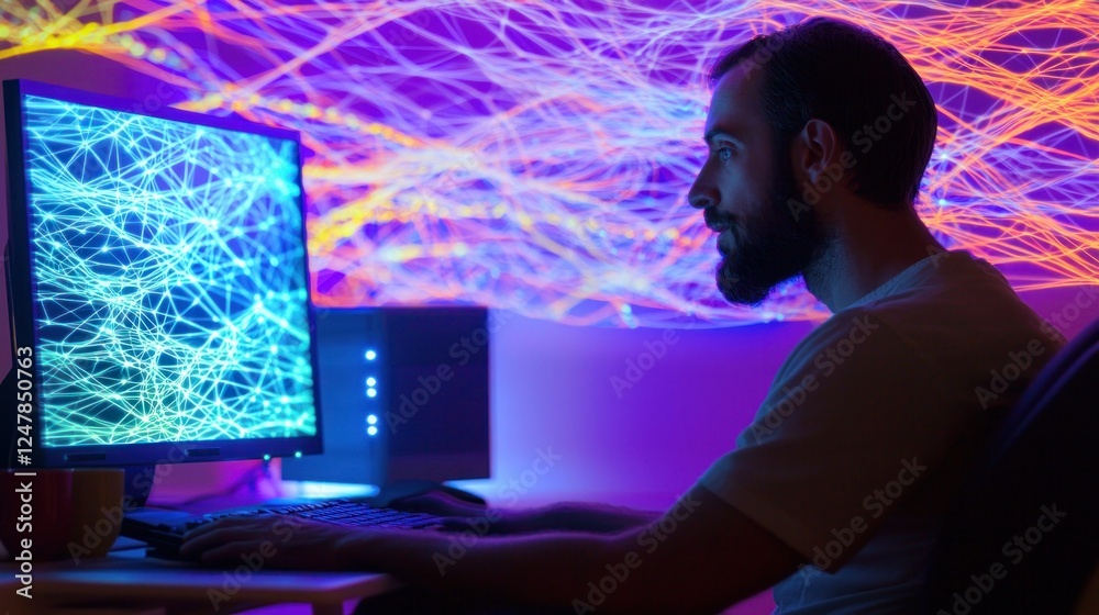 Poster Man Working with Computer Surrounded by Colorful Light Patterns
