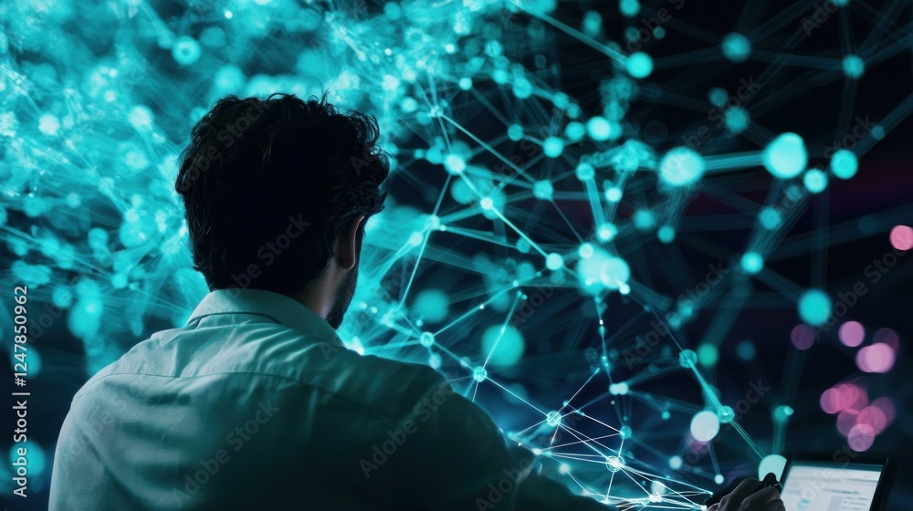 Fototapete Man Analyzing Data in Dark Room with Digital Network Graphics
