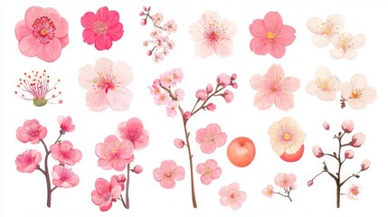 Obraz premium 16121056 37 37.Sakura, cherry, plum, apricot, peach, apple blossoms, flowers, floral design elements collection, clipart set, isolated on white. Flat style vector illustration. Spring promotion sale
