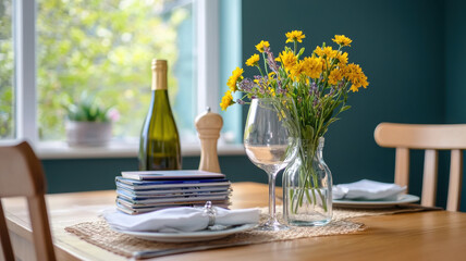 dining setup featuring vase of yellow flowers, wine bottle, and tableware creates warm atmosphere