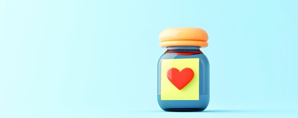 Cute bottle with heart sticker on light blue background