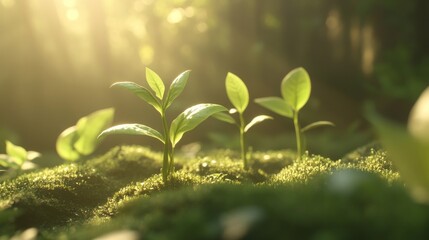 Obraz premium Sunrise forest seedlings sprouting moss growth