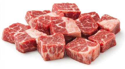 Fototapeta premium Fresh beef cubes, studio shot, white background, recipe ingredient