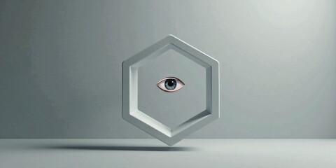 Abstract Hexagonal Frame Enclosing a Single Realistic Eye in a Minimalist Studio Setting
