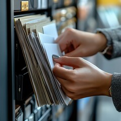 Obraz premium High-resolution image of hands carefully selecting documents from a filing cabinet, showcasing meticulous organization and archival processes The image depicts a professional working with paper