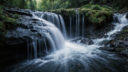 A flowing waterfall, transforming into galaxies as it cascades, represents inner vision, emotions, and universal connection.