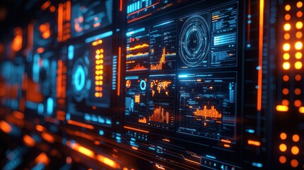 Futuristic data center monitoring global network activity