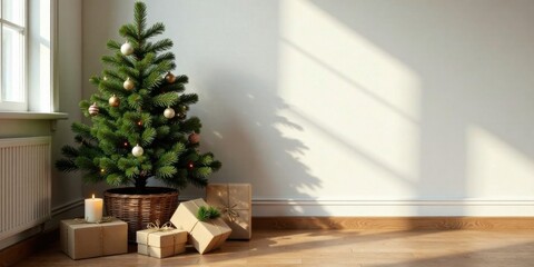 A Festive Christmas Tree with Presents by a Window in a Sunlit Room