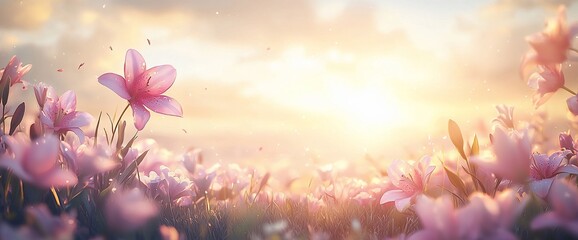 Pink flowers sunset field, dreamy scene, peace.  Website banner