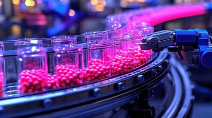 High-Speed Automated Pharmaceutical Production Line Robots Precisely Handling Prescription Pill Bottles, Ensuring Accuracy and Efficiency in the Modern Drug Manufacturing Industry Robotic Automation