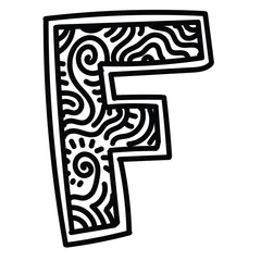 Uppercase letter of F with doodle inside. Simple illustration. Hand drawn doodle for sticker, postcard, wallpaper, mural, fabric, prints, wall decor, clothing, etc
