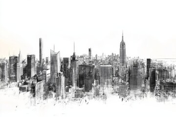 Naklejka premium Panoramic view of a contemporary city skyline with artistic sketch effect enhancements