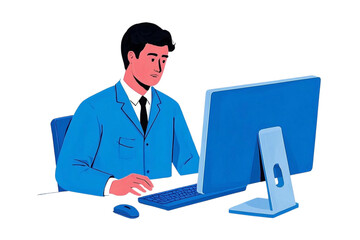Minimalist Vector of an Office Worker Focused on a Computer Screen