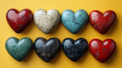 Fototapeta premium A celebratory top view image capturing the essence of Juneteenth with hearts in red, green, and black on a vibrant yellow backdrop, perfect for social media posts or ads.