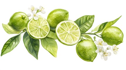 Watercolor painting depicts fresh limes with blossoms and leaves