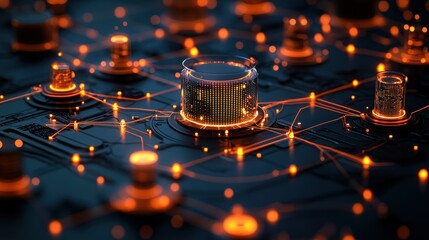 Futuristic data network, glowing nodes, circuit board, technology background, digital concept