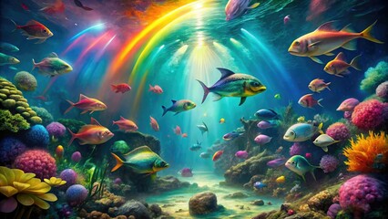 Fototapeta premium Futuristic digital artwork depicting a surreal underwater world filled with glowing marine life, schools of rainbow-colored fish, and an endless ocean, coral reef, futuristic cityscape