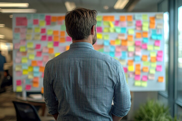 a man look to sticky notes on a task board to organize ideas and workflow in a office.