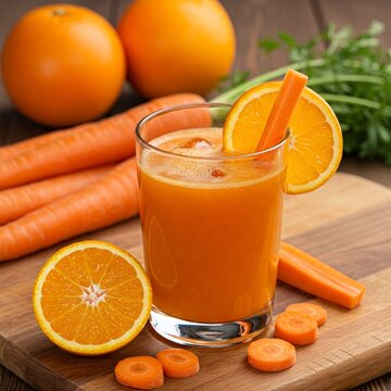A glass of cold-pressed carrot and orange juice, garnished with a carrot stick and orange slice, placed on a wooden cutting board with fresh produce in the background.